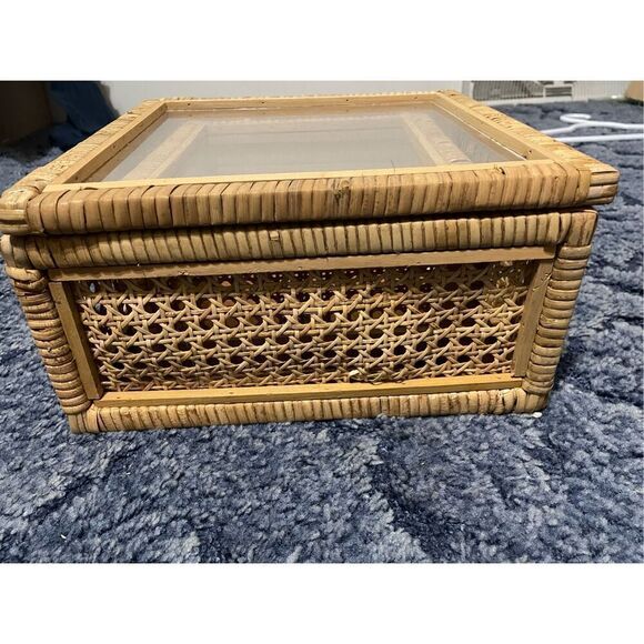 Creative Co-Op Cane and Rattan Display Boxes with Glass Lid, Set of 2 - Picture 3 of 10